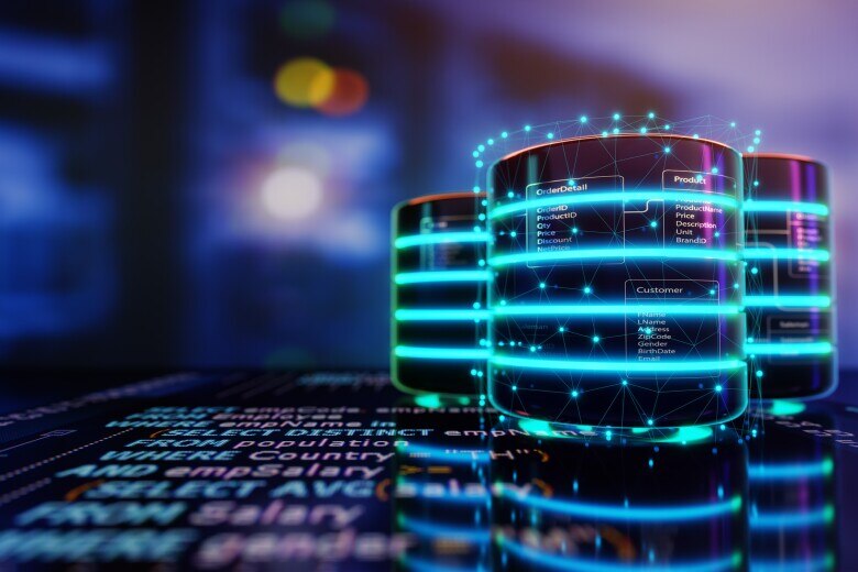 Relational database tables on databases are placed on Structured Query Language code with server room background.