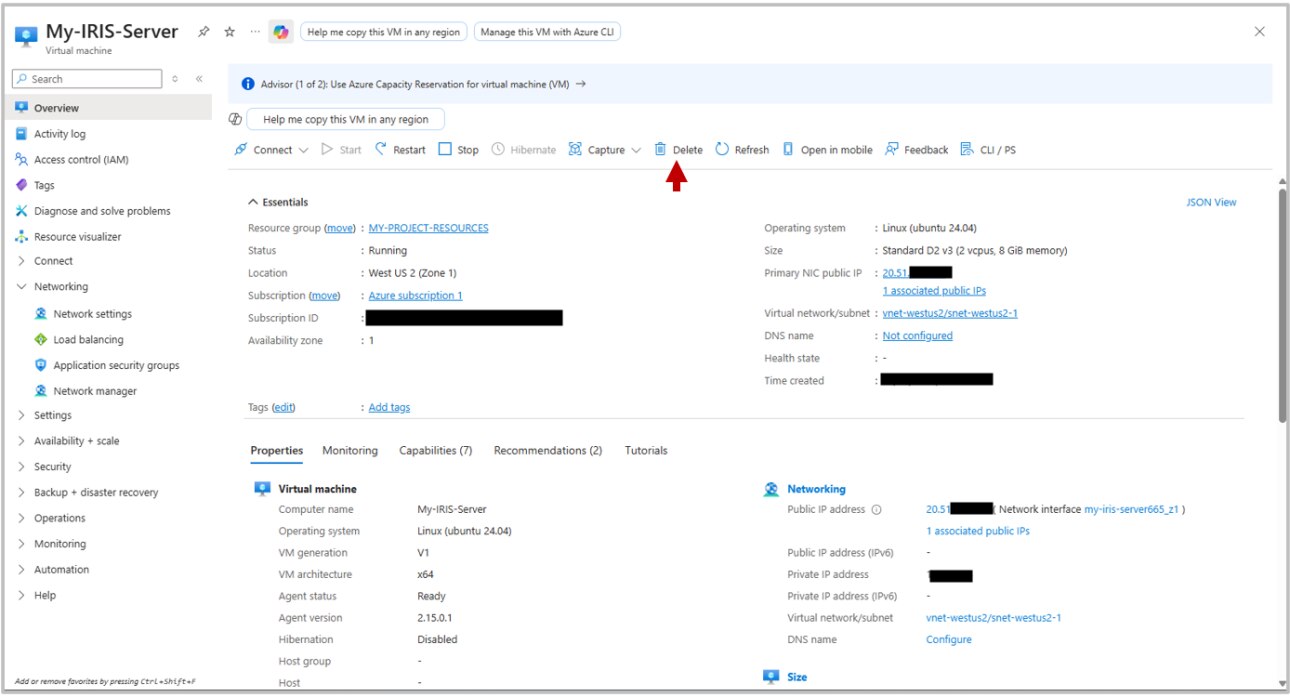 Screenshot pointing out the delete button on the Azure VM dashboard