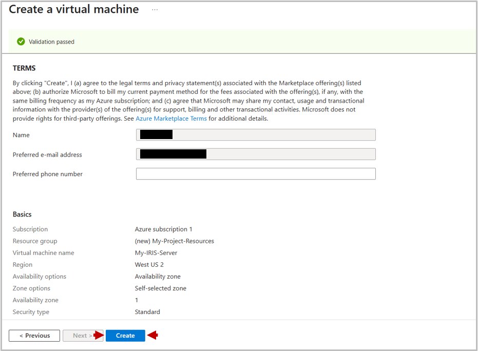 Screenshot of Azure create a vm review and create tab