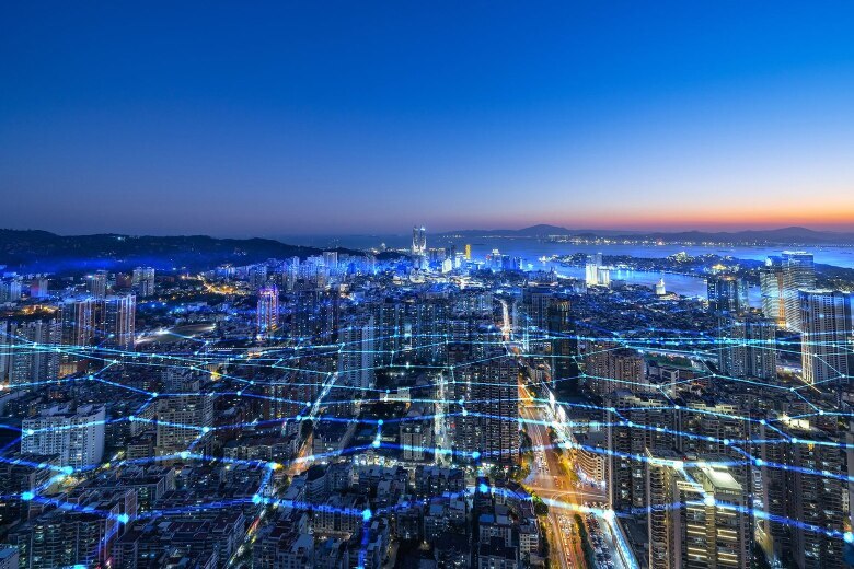 data points over a city skyline