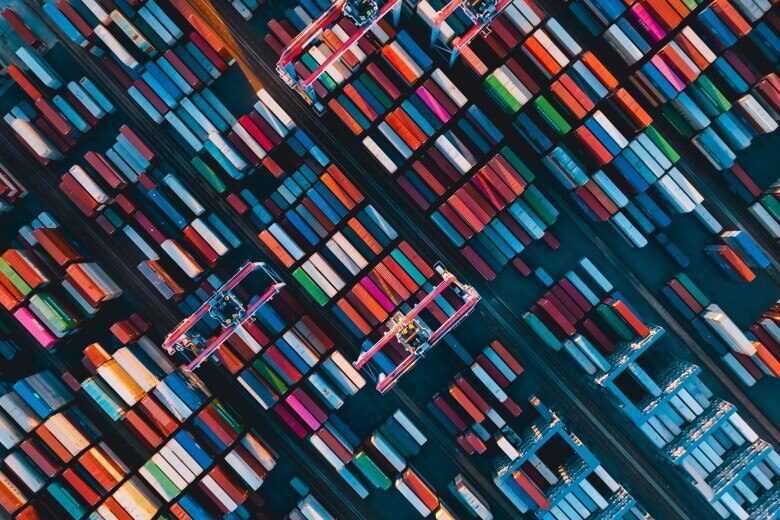overhead view of shipping container dock