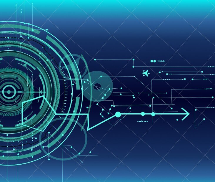 layered vector graphic in shades of blue indicating technology, data and machine learning