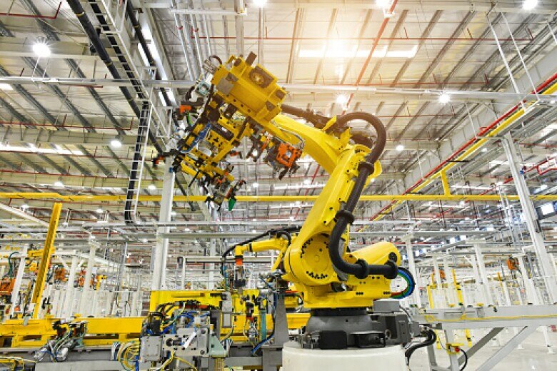 Automobile plant, Industrial machinery automatic arm welding cars robot in production line of vehicle manufacturer factory