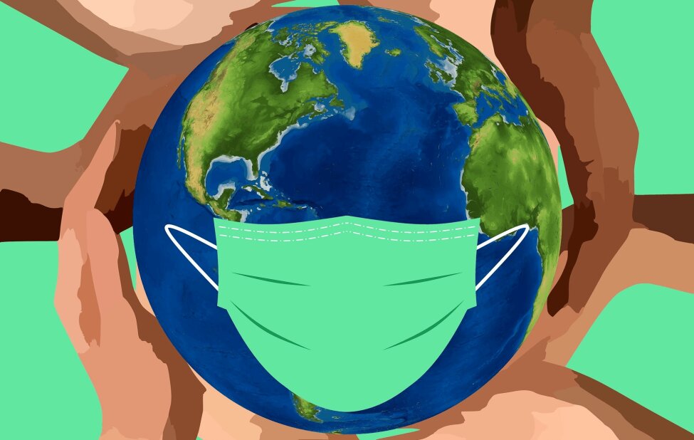 diverse group of hands holding the world while the world wears a green medical mask