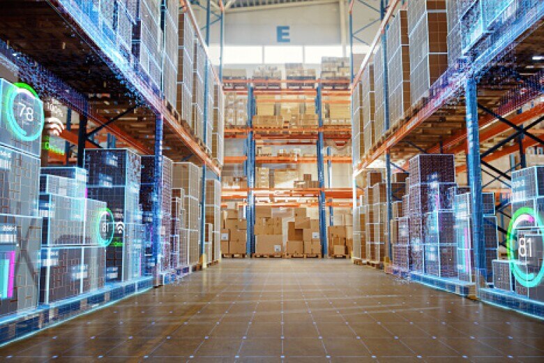 Retail warehouse with futuristic data visualization graphics overlaid