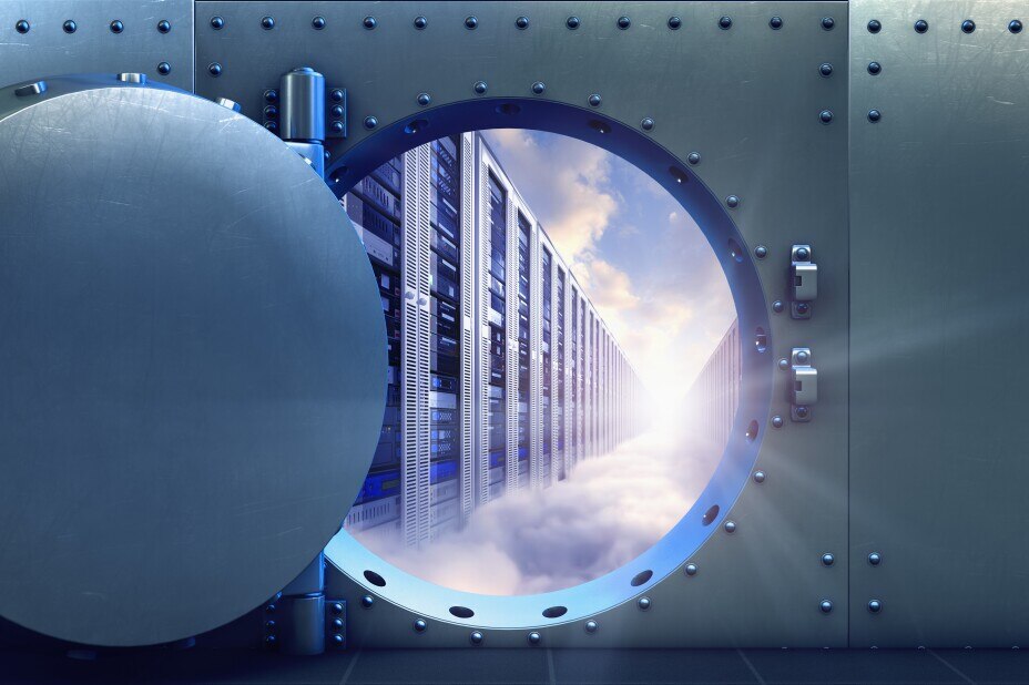 heavy vault door, opening to reveal long rows of computer servers