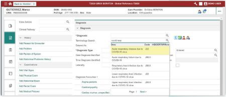 Searching for and accurately selecting a coded COVID-19 Diagnosis using IMO Terminology lookup on diagnosis screen.