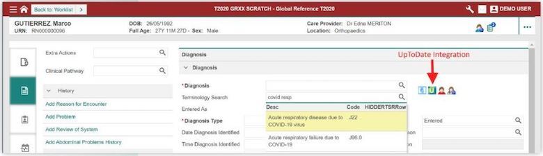Access to Wolters Kluwer’s UpToDate COVID-19 information from the InfoLink on Diagnosis entry screen