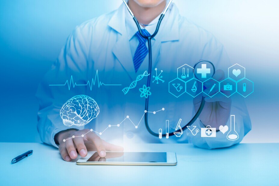 Close up of a doctor who is looking at medical reports