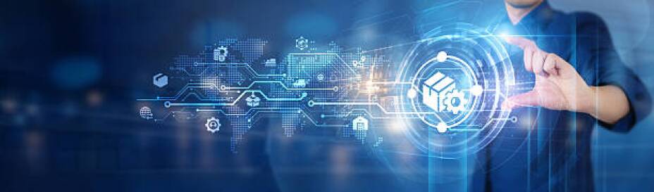 Graphic displaying logistics, distribution, procurement, and inventory management, focusing on efficiency, collaboration, transparency, and innovative technology.