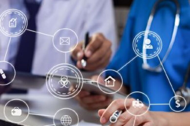 connected icons over a blurred background of people in the medical field