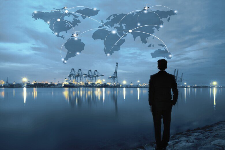 Logistics and distribution industry - man looking over body of water at port city