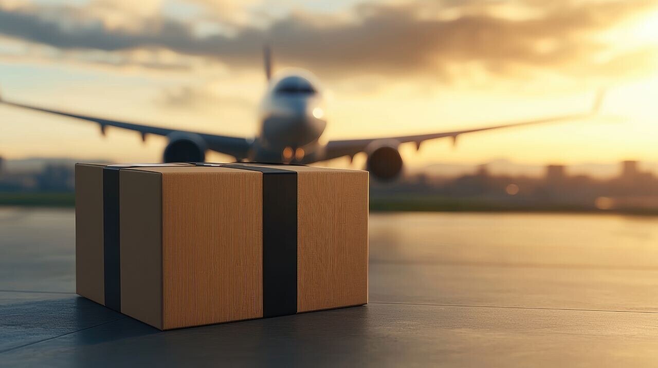 package in front of an airplane
