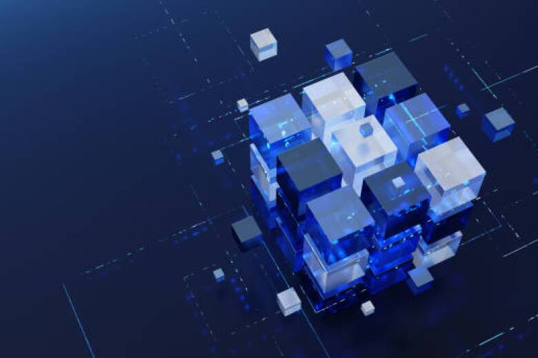 Digital technology symbol. Futuristic cube formation, abstract 3d cubic structure. 3D render.