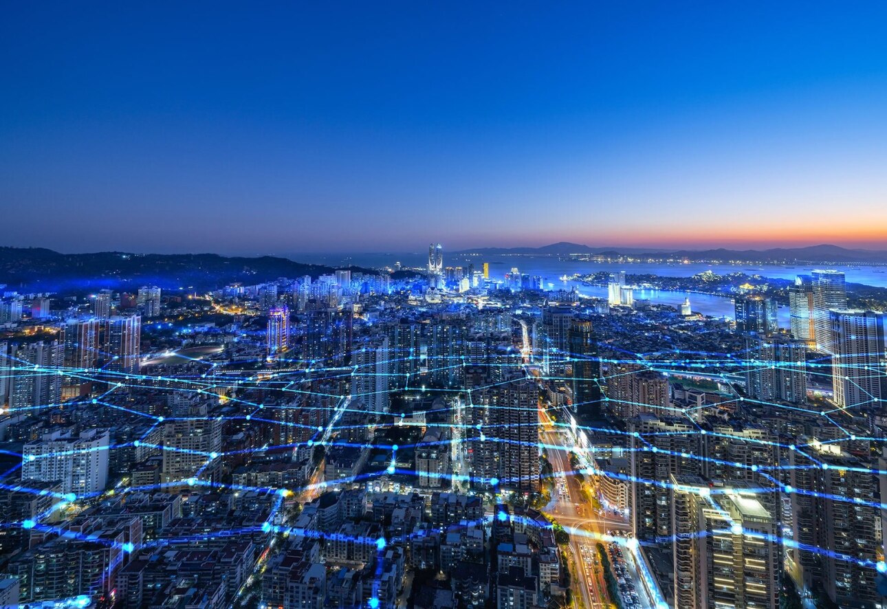 data points over a city skyline