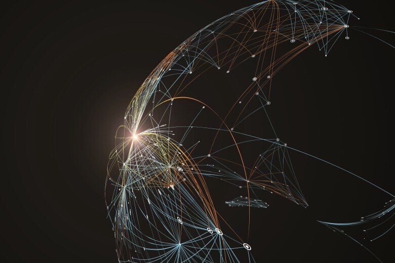 Dotted lines connected to the abstract graphics, network connections.