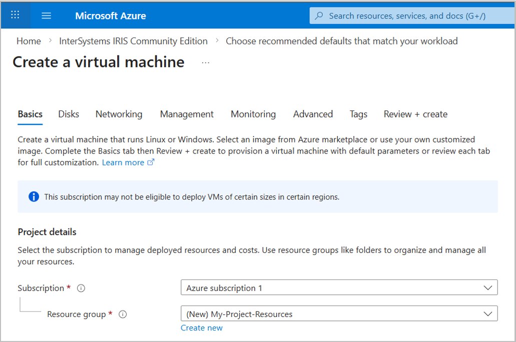 Screenshot showing the Azure Create a Virtual Machine page project details setting