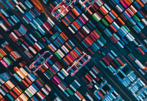 overhead view of shipping container dock