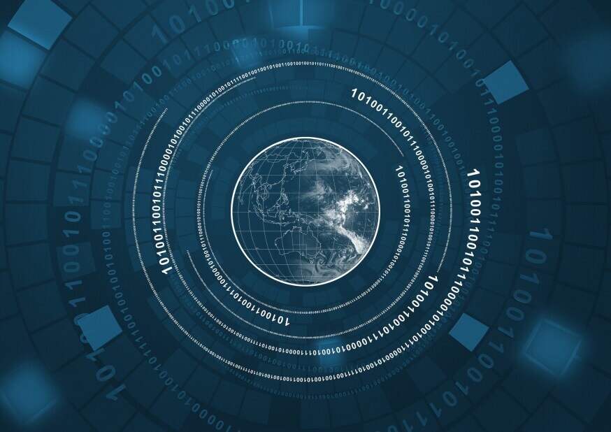 image of the world surrounded by a geometric pattern and spiraling strings of binary data