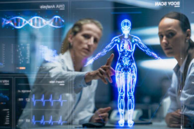 Physician and Patient Analyze a Holographic Body Model. Technology Discussions on Optimizied Health Care, Diagnostic Accuracy. Personalized Treatment Approaches In A Futuristic Healthcare Environment
