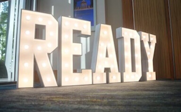 READY spelled out in letters on floor