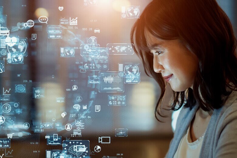 Asian woman watching hologram screens.