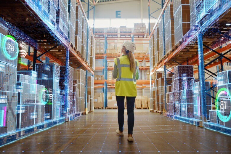 Futuristic Technology Retail Warehouse: Worker Doing Inventory Walks when Digitalization Process Analyzes Goods, Cardboard Boxes, Products with Delivery Infographics in Logistics, Distribution Center