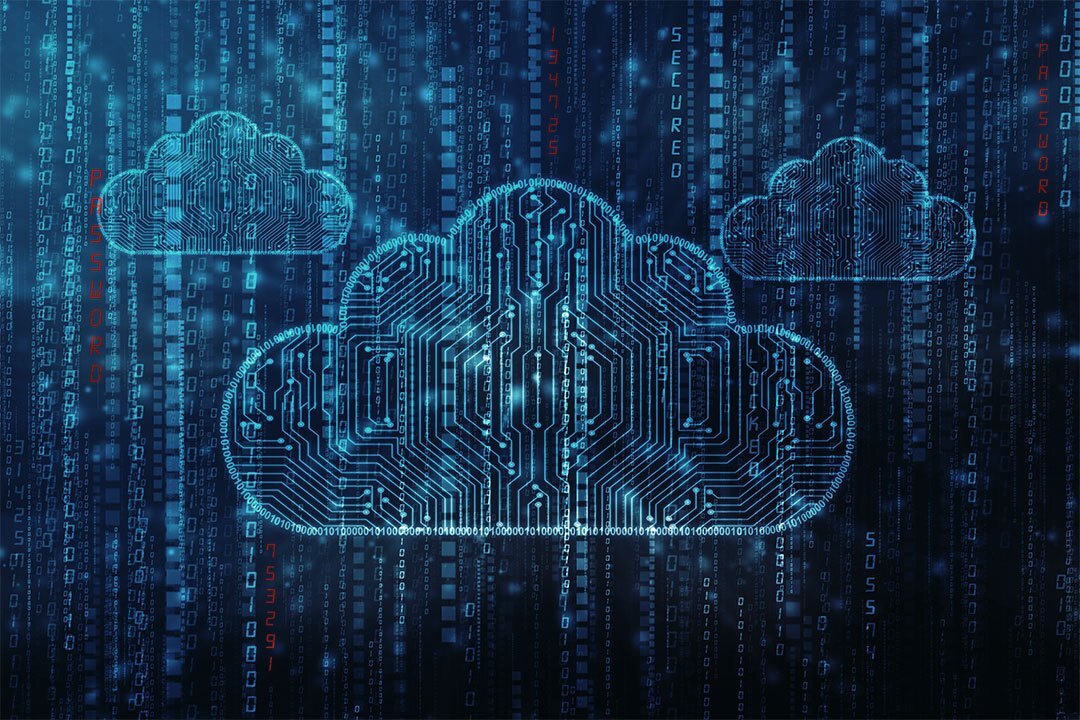 circuit graphic over glowing white clouds on a dark blue background