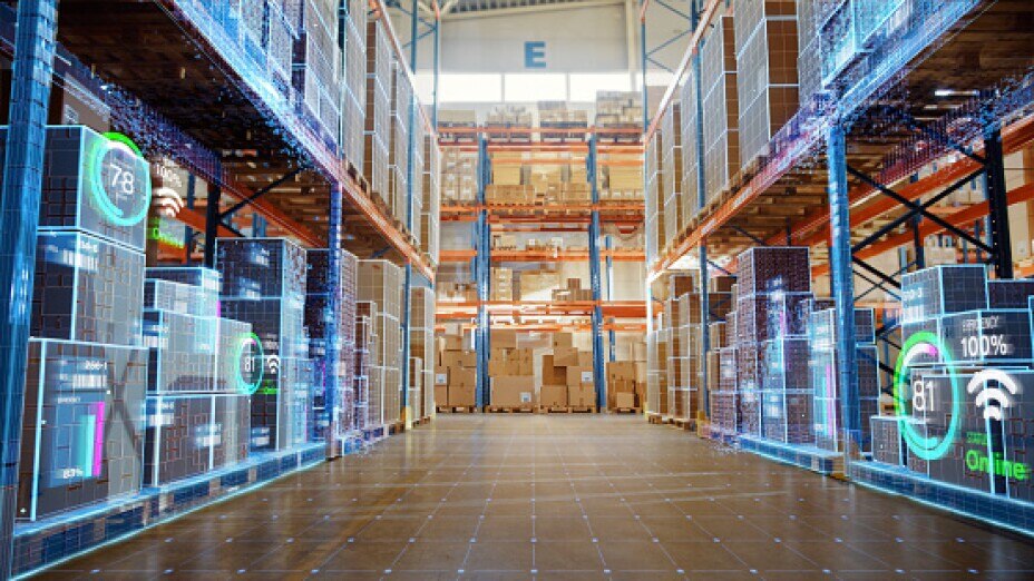 Retail warehouse with futuristic data visualization graphics overlaid