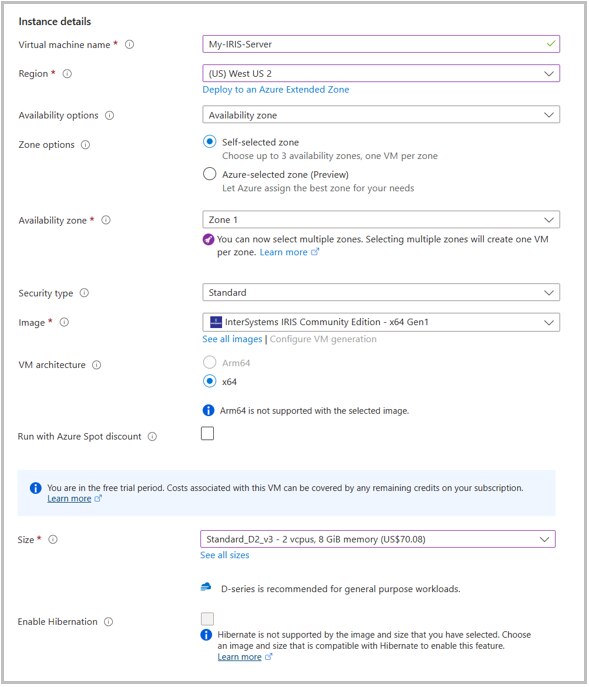Screenshot of Azure Create A VM page showing the Instance Details settings