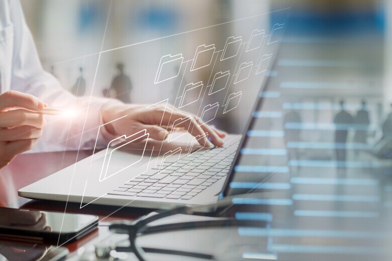 Doctor works with electronic documents .
