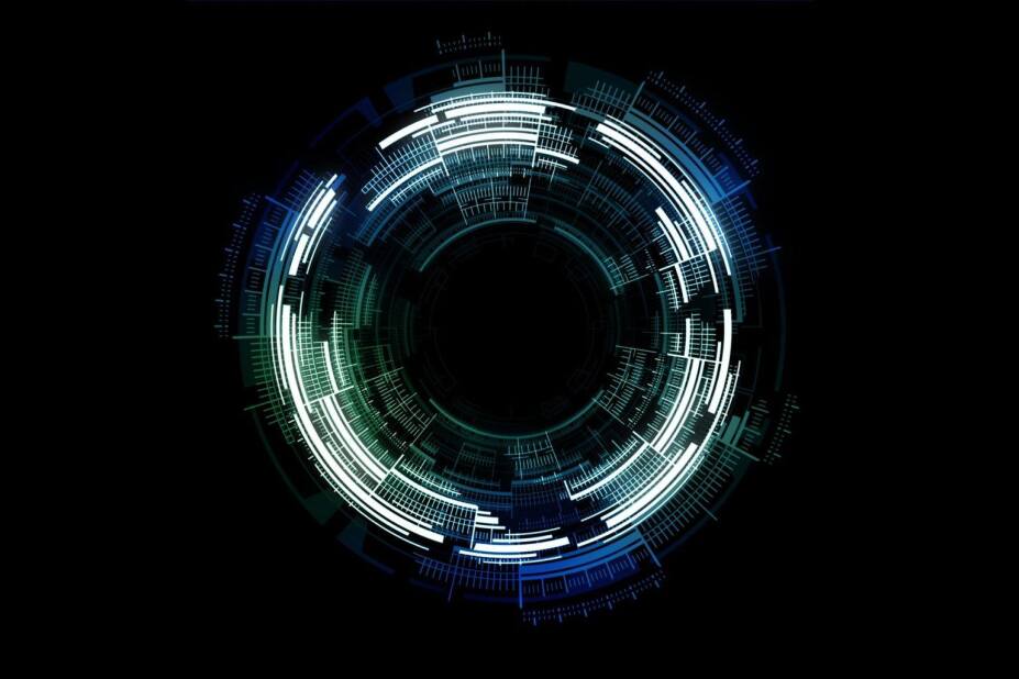 futuristic, circular, geometric technology graphic glowing on a black background