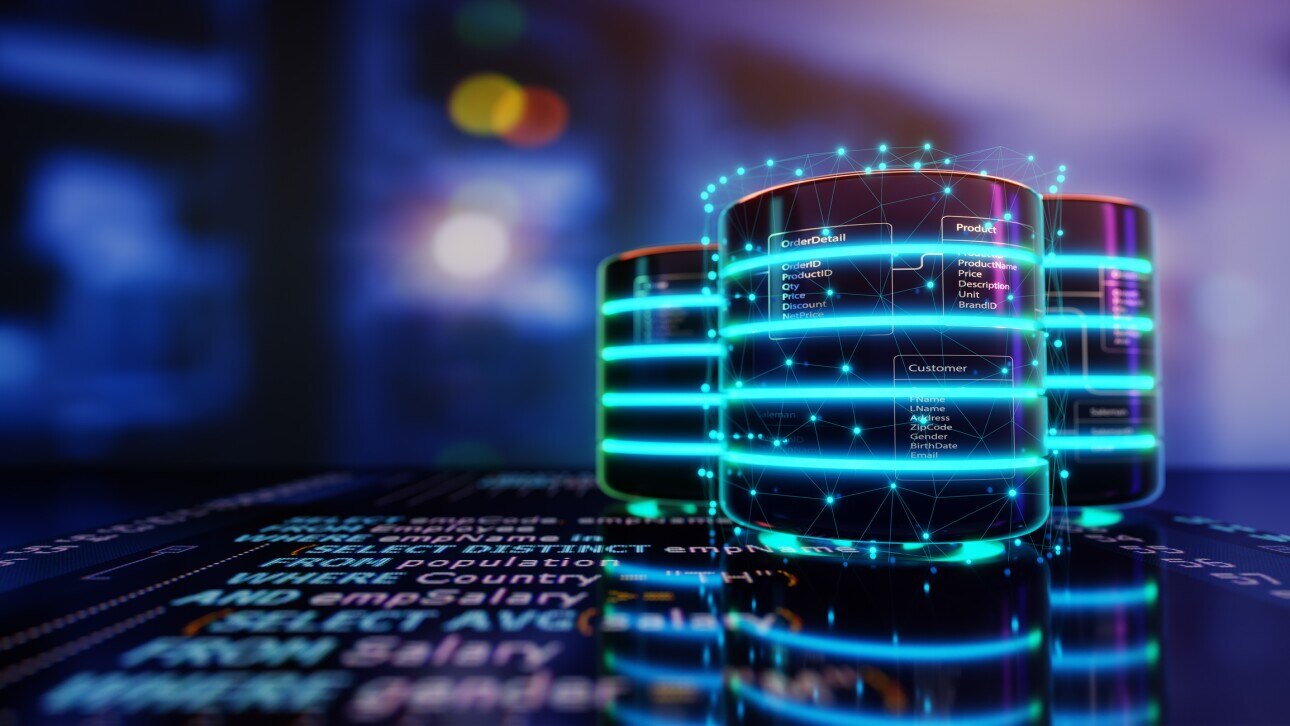 Relational database tables on databases are placed on Structured Query Language code with server room background.