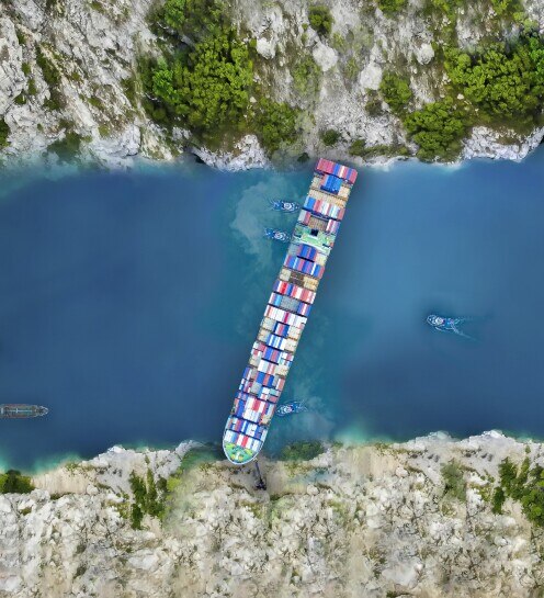 Aerial view/A large cargo ship swept through the waterways in the Suez Canal, making it impossible for other ships to go.