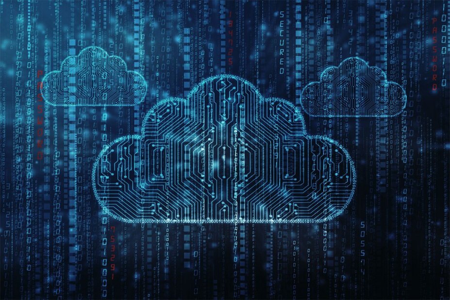 graphic image of three clouds with a circuit board pattern and layers of data and geometric patterns
