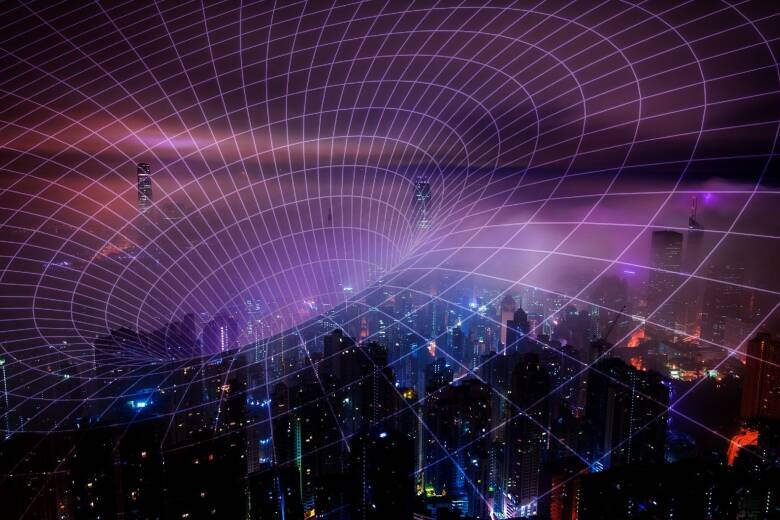 glowing purple portal grid disappearing into city skyline