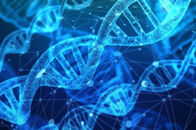 glowing blue double helix strands of DNA