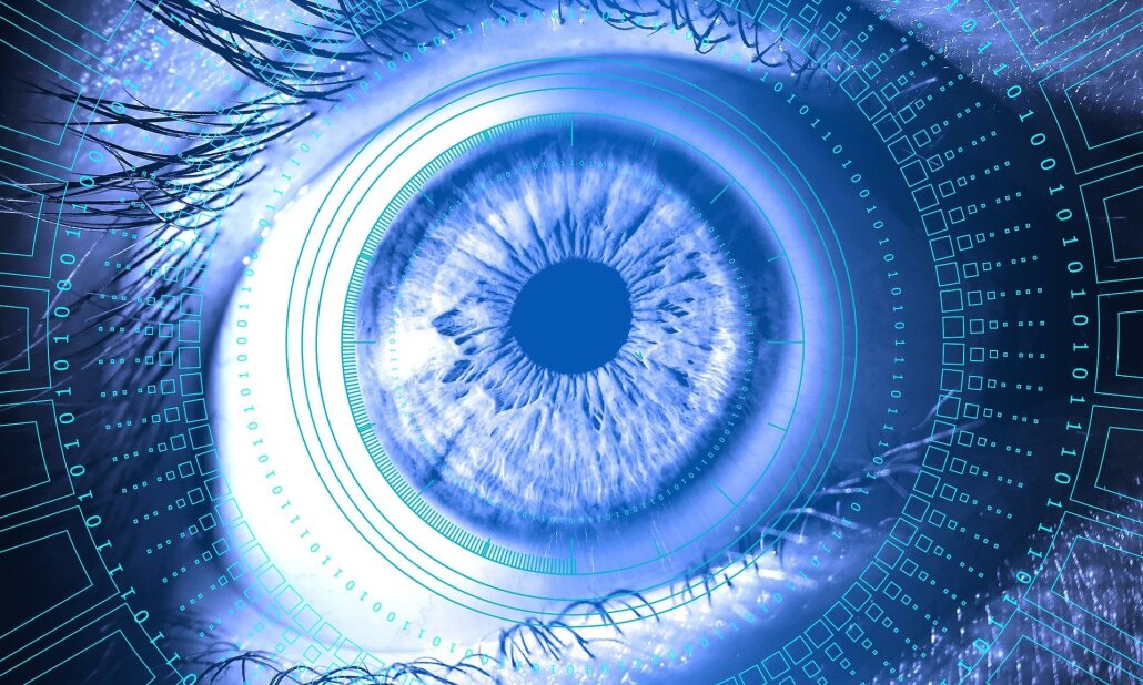 iris of the human eye layered with geometric shapes and binary sequences