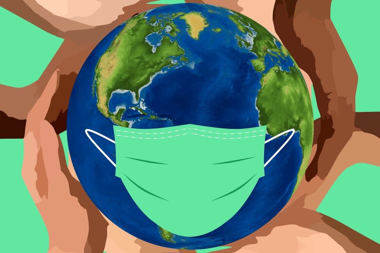 artistic drawing of hands holding the world with a mask on it