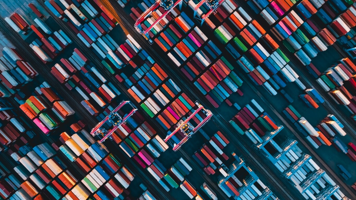 overhead view of shipping container dock