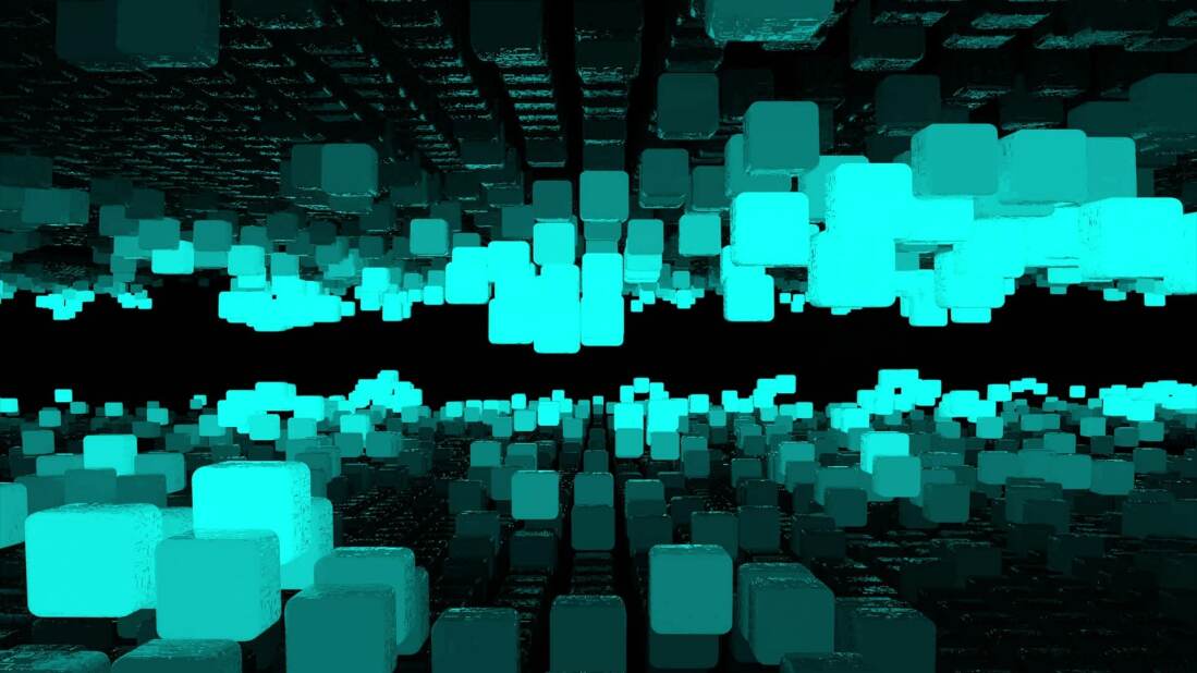 abstract, geometric pattern of teal cubes floating and sinking over a black background