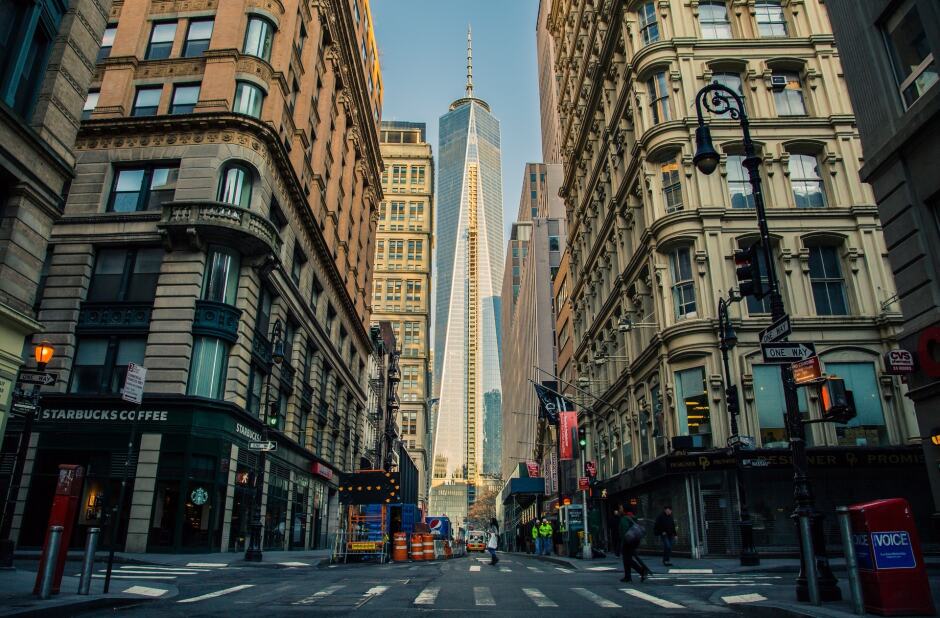 View of One World Trade Center in Manahattan from a city street