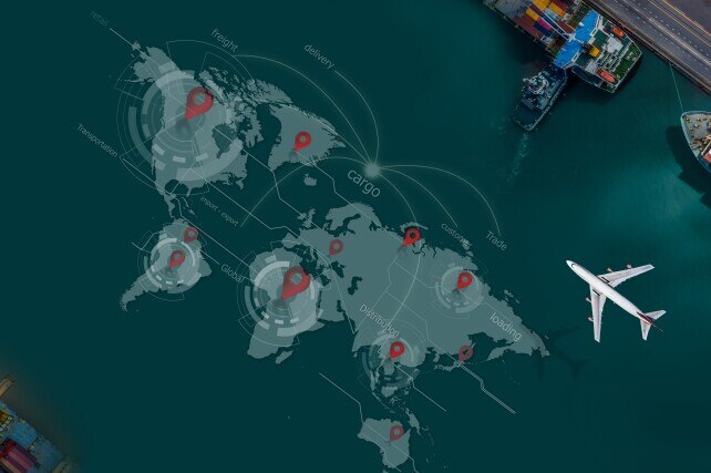 Aerial view and top view cargo plane flying above ship port in the export and import business and Smart logistics international goods. Shipping cargo to harbor by crane