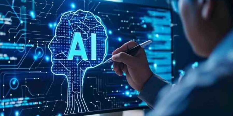 man holding a pencil against a technology panel written AI