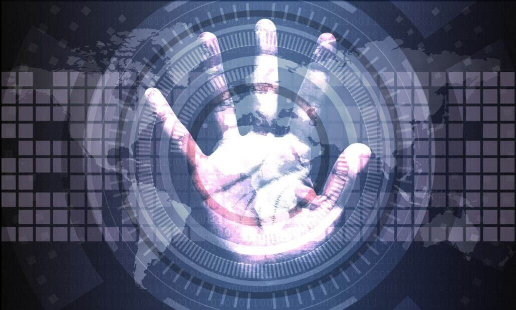 palm of a hand showing fingerprints and indicating privacy and security