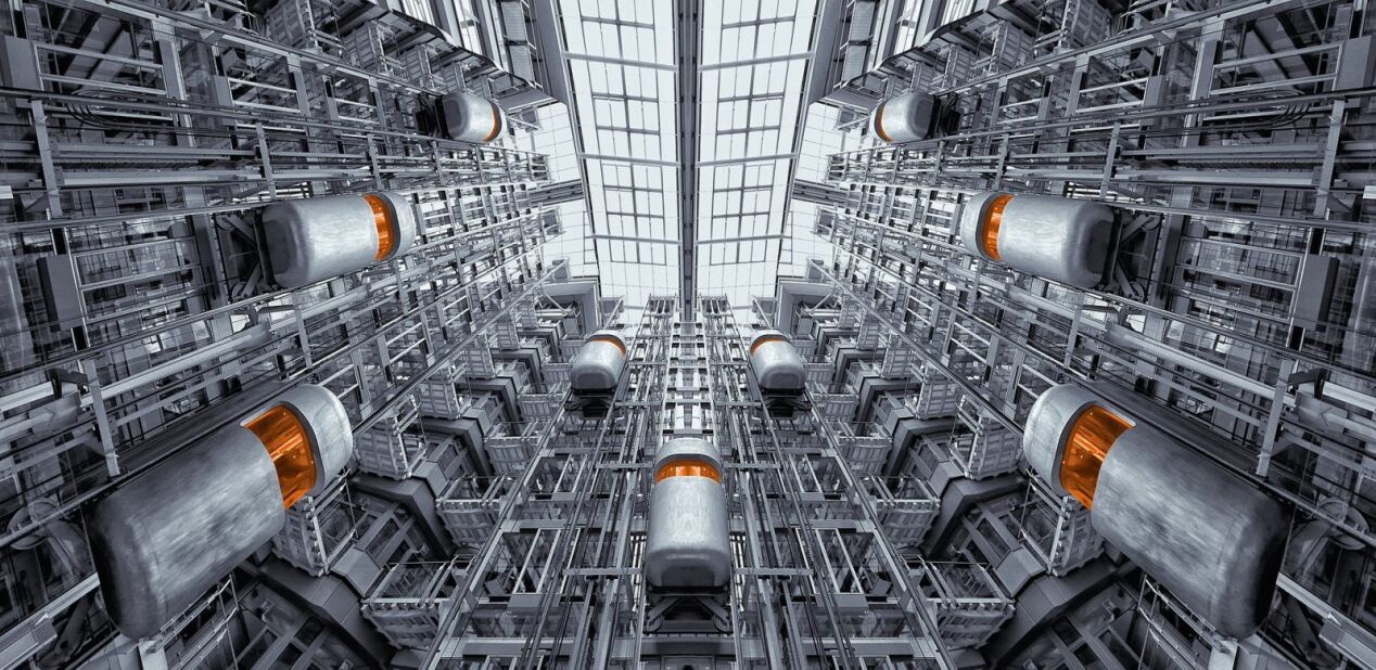 futuristic elevators in a modern building at various levels of ascent