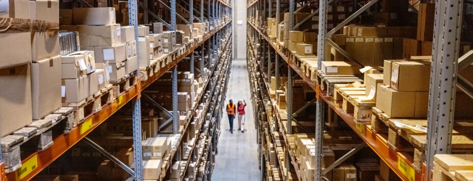 Two workers in a warehouse, illustrating the complex logistics MAO aims to streamline through AI-driven planning.