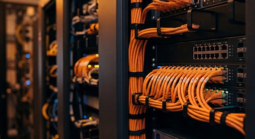 AI rack computers connected with network cables