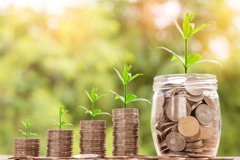 sprouting plants growing on top of increasing stacks of coins