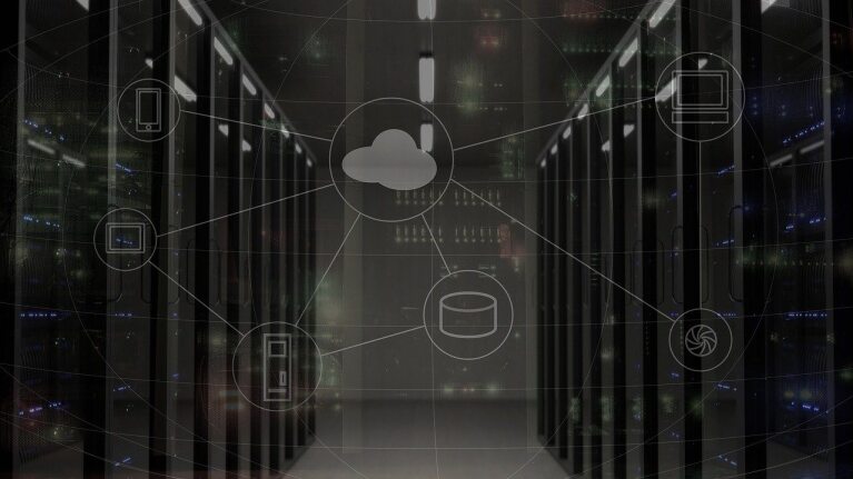 server room background under transparent cloud network graphic